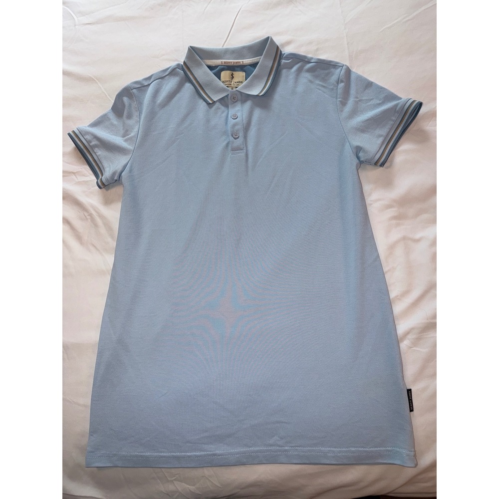 Scott James Mens Light Blue Striped Trim Pique Polo Shirt Small Short Sleeve